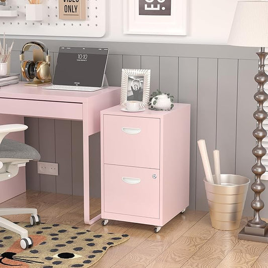 SteeLoong 2 Drawer File Cabinet with Lock,Pink Rolling File Cabinet for Home Office, Metal Small Mobile Filing Cabinets on Wheels for Hanging Letter