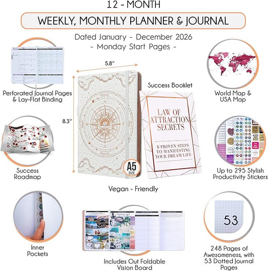 Law of Attraction Planner 2026 Deluxe with Productivity App | Weekly & Monthly Goal-Setting Planner, Life & Gratitude Journal | Include Foldable Vision Board, Gift Box & Stickers