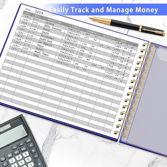 HAUTOCO Hardcover Accounting Ledger Book for Small Business Bookkeeping Horizontal Money Expense Tracker Notebook with 2 Storage Pouch, Personal Columnar Log Journal 10.78 x 8'', Navy Blue