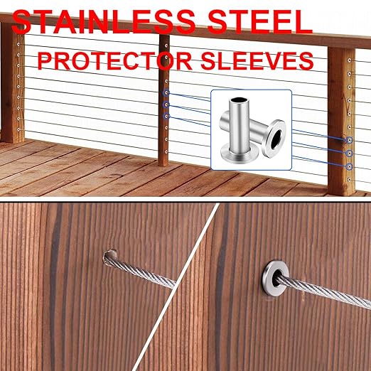 BLIKA 65 Pack Stainless Steel Protector Sleeves for 1/8" 5/32" or 3/16" Deck Cable Railing, for Wood/Composite Posts, T316 Marine Grade, Cable Railing Protector Sleeves