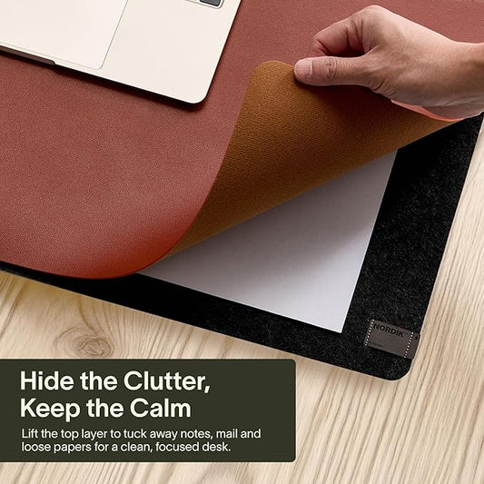 Nordik Felt and Leather Desk Mat - Emberwood Brown - 35x17 Inch Felt and Vegan Leather Desk Blotter with Document Hideaway - Large Computer Mats for Desktop - Ideal Keyboard Mat for Office and Home
