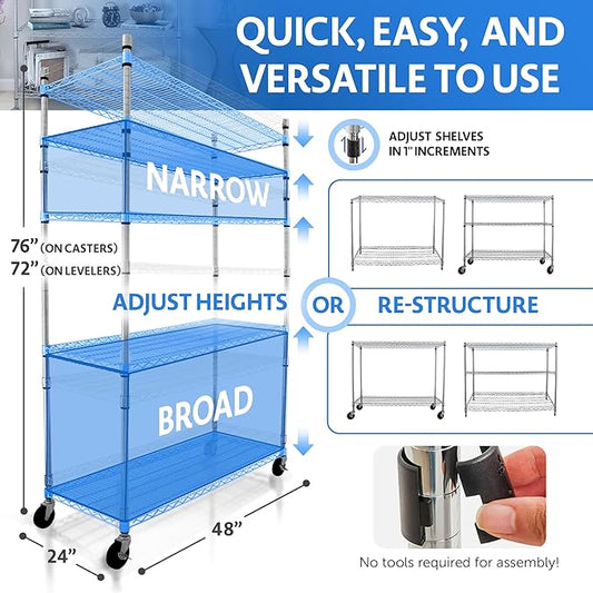 CRESCENT 48" W Storage Shelves 4000LBS Metal Shelving 5 Tier Wire Shelving Unit Garage Shelving Heavy Duty Metal Shelves for Storage Rack Commercial Adjustable Pantry Shelf, 48" W X 24'' D X 76" H