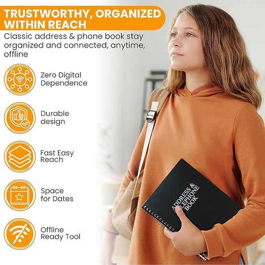 Iconikal Address Telephone Book, 8x5-Inch, Black, Spiral-Bound, 384 Contacts, Organizer for Organizing Names, Addresses, Email, Cell Phone Numbers