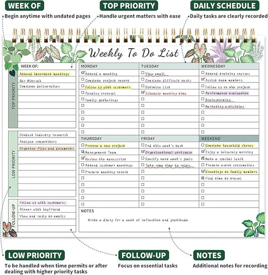 104 Pgs Weekly To Do List Notepad, 52 Duplex-Printed Undated Sheets 100 GSM(8.5"×11") Weekly Desk Planner For Work Home School Office Desk Accessories Supplies & Goal Setting Tasks - Green Foliage