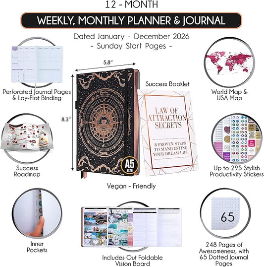 Law of Attraction Planner 2026 Deluxe with Productivity App | Weekly & Monthly Goal-Setting Planner, Life & Gratitude Journal | Include Foldable Vision Board, Gift Box & Stickers