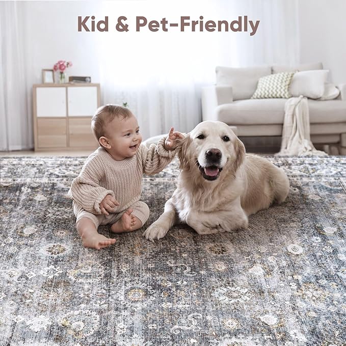Rugcomf 2x5 Rug Runner -Vintage Machine Washable Kitchen Rug, Non-Slip Low Pile Boho Carpet for Hallways, Laundry, Entryway, Bedroom, Bathroom - Grey