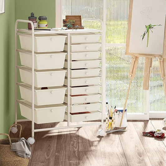 COSTWAY 15-Drawer Rolling Storage Cart, Mobile Utility Cart with Heavy-duty Frame & Lockable Wheels, Multipurpose Storage Organizer Cart for Tools, Paper, Drawer Cart for Home, Office, School, White