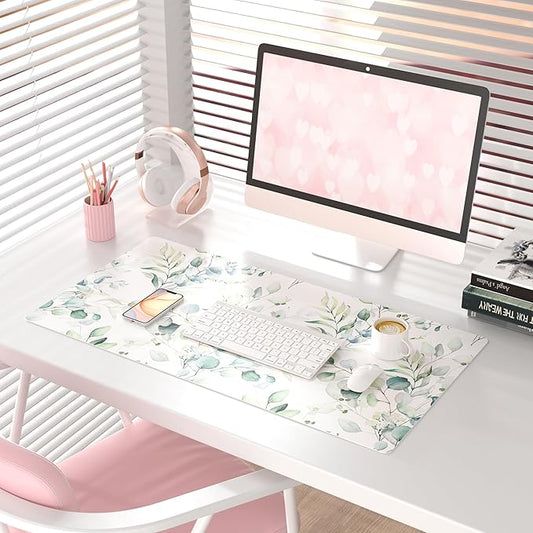 QIYI Large Mouse Pad, Cute Green Leaves Desk Mat for Desktop, Women Girls Office Décor Desk Accessories, PU Leather Waterproof Gaming Mousepad, Eucalyptus Leaf Desk Pad Computer Mat, 31.5" x 15.7"