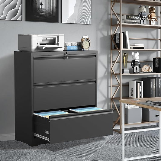 FLIXELIO 3 Drawer File Cabinet, Black Office Cabinets with Lock, Heavy Duty Metal Filing Cabinet for Home Office, Horizontal Lockable File Cabinet for Legal/Letter/A4 Size Files, Require Assembly