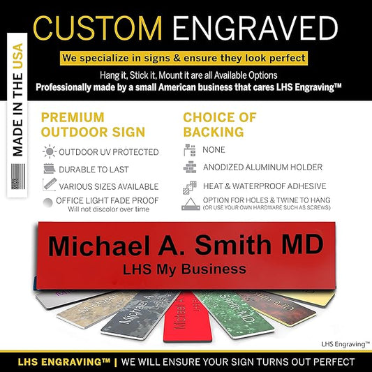 Personalized Name Plate with Choice of Mounting Holders for Walls, Doors, Cubicles, Hanging and More - Custom Red Plastic Black Letters - USA Made 2x6 - B14