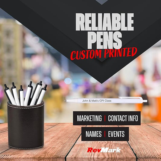 RevMark Personalized Ballpoint Pen, Custom Printed Name, Business or Event Information, Timeless Advertising, USA Made Pens, Promotional Marketing, Smooth Black Ink, Bulk Pack (White,50 Ct.)