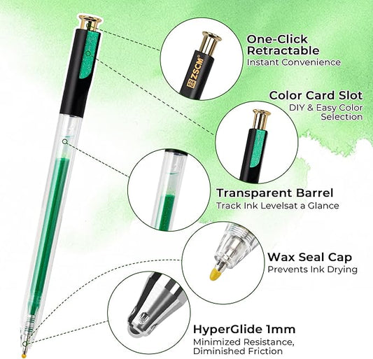 ZSCM Retractable Glitter Gel Pens, 12 Colors Large Capacity Green Glitter Metallic Gel Ink Pen, 1 mm Fine Point Smooth Writing Color Pens for Adult Coloring Book Note Taking Aesthetic Art Supplies