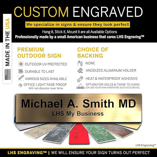 Custom Name Plate with Choice of Mounting for Walls, Doors, Cubicles, Hanging and More - Personalized Brushed Copper Plastic Black Letters - USA Made 2x12 - M5