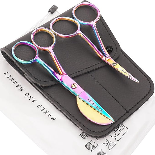 MAKER AND MARKET Small Embroidery 4.5 Inch Scissors Set of 2 Kit - Mini Double Bend Offset Duckbill and Double Bend Long Applique Needlepoint Blade with Pouch Sleeve (Rainbow)