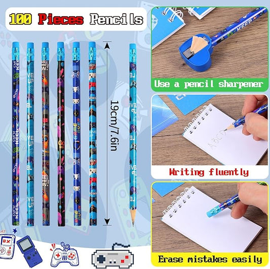 Kolewo4ever 148 Pieces Video Game Theme Stationery Set:100 Pcs Video Game Pencils 24 Pcs Game Pattern Mini Spiral Notepad Memo Pad 24 Pcs Game Metal Charms Bookmarks (Style-2)