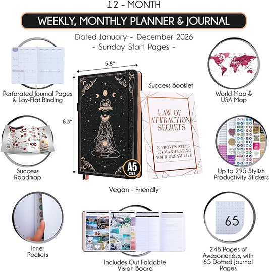 Law of Attraction Planner 2026 Deluxe with Productivity App | Weekly & Monthly Goal-Setting Planner, Life & Gratitude Journal | Include Foldable Vision Board, Gift Box & Stickers