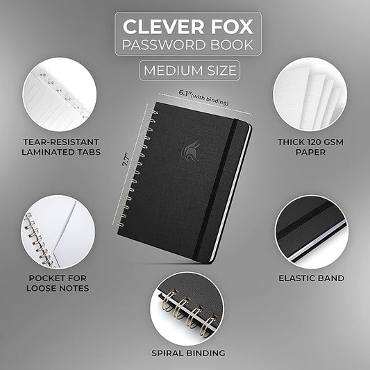 Clever Fox Password Book Spiral – Internet Address & Password Organizer with Laminated Alphabetical Tabs – Password Keeper Journal – Hardcover, Medium Size, 6.1x7.7” (Black)
