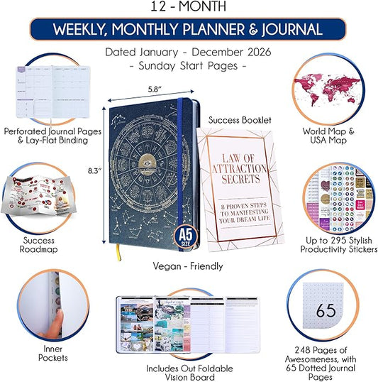 Law of Attraction Planner 2026 Deluxe with Productivity App | Weekly & Monthly Goal-Setting Planner, Life & Gratitude Journal | Include Foldable Vision Board, Gift Box & Stickers
