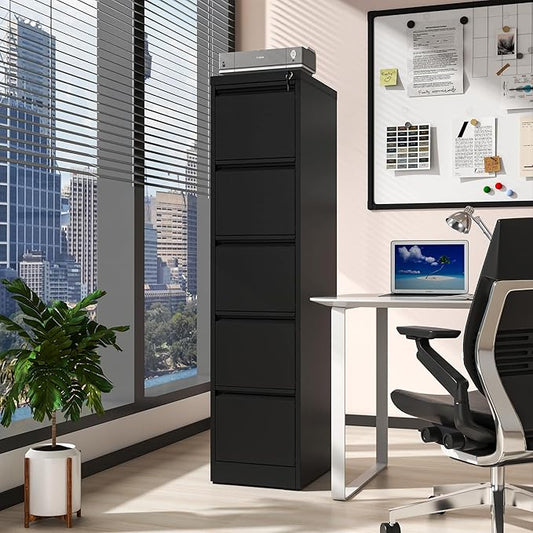 Reegangfa 5 Drawer File Cabinet with Lock, 18" D Metal Vertical File Cabinets, Steel File Storage Cabinets for Home Office, Hanging A4 Legal/Letter Size Narrow Filing Cabinet, Assembly Required