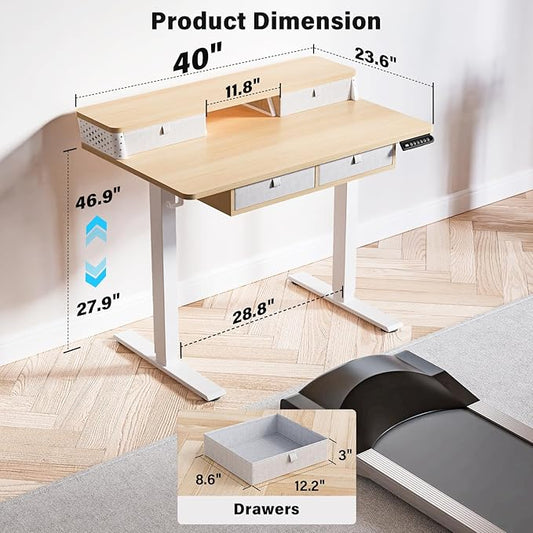 Kingant 40 x 24 Inch Electric Standing Desk with 4 Drawers, Height Adjustable Sit to Stand Computer Desk with Storage Shelf and C-Clamp Mount Compatibility for Home Office, Nature