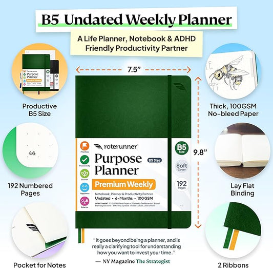 Roterunner Purpose Planner Notebook B5 7.5”x9.8” Undated 2026 Daily Weekly and Monthly Productivity Goal Setting Tool for Work Home ADHD Planner for Adults Self Care Journal
