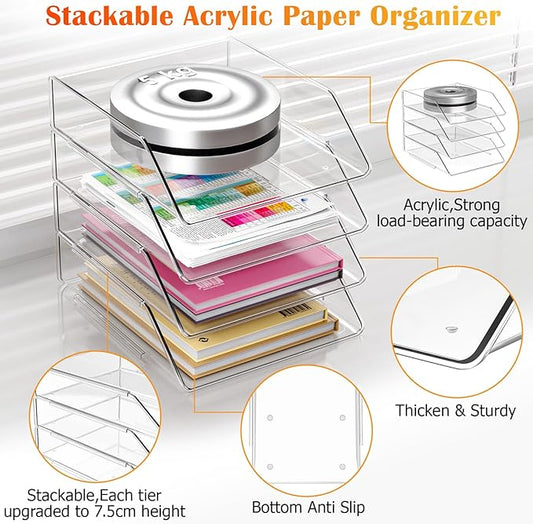 YKLSLH Simple 4 Tier Paper Organizer Letter Tray - Acrylic Stackable Desk File Organizer, Clear Paper Sorter Office Organizer for Letter/A4, Office File Ipad Books Notes Etc