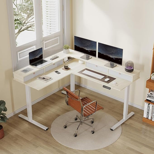 FLEXISPOT 63" L Shaped Standing Desk with Shelf Electric Corner Table, Drawers, Adjustable Computer Workstation for Home, Office, 63x55in, Light Maple Top + White Frame