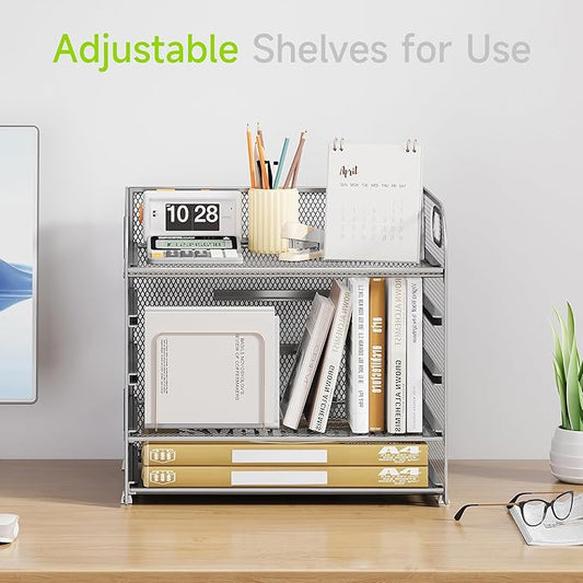 Cawukege 5 Tier Paper Organizer with Handle, Metal Mesh Desk Organizer File Folder Paper Letter Tray Desktop Document Sorter for Classroom, School, Office Accessories Organization and Storage - Silver