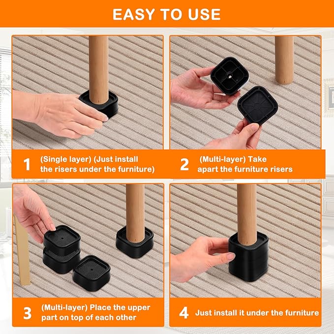 shouwuhho 16 Pack Furniture Risers Adjustable Bed Risers Heavy Duty Lifts Height 1", Square Stackable Bed Risers 1, 2 or 3 Inch for Desk Leg Table Couch Sofa Chair Bed Frame Legs Dorm, Black