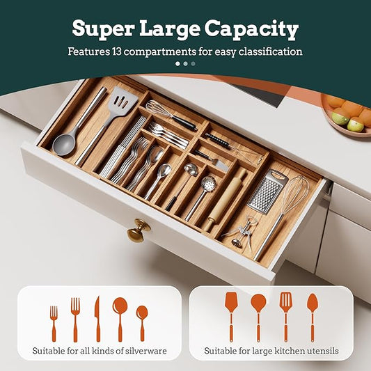 Silverware Organizer Large, Magnetic Connected Expandable 13 Slots Silverware Drawer Organizer From 21 to 37.4 Inches, Adjustable Flatware and Cutlery Holder, Bamboo Utensil Tray for Kitchen Acacia