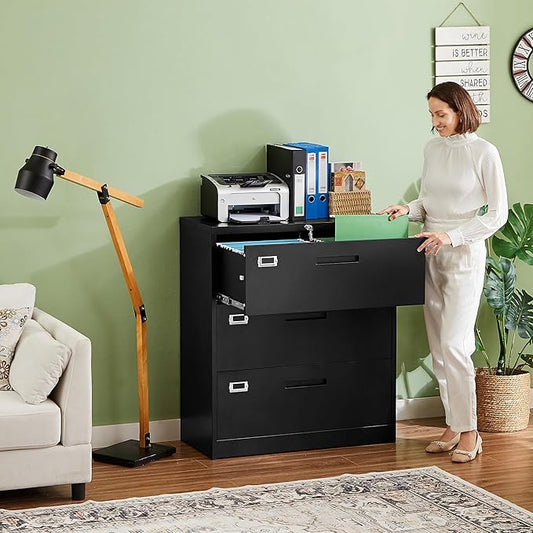 Letaya Lateral 3 Drawer File Cabinets with Lock, Metal Filing Storage Vertical Cabinets,Home Office Furniture for Organization Hanging Letter/Legal/F4/A4(Black)