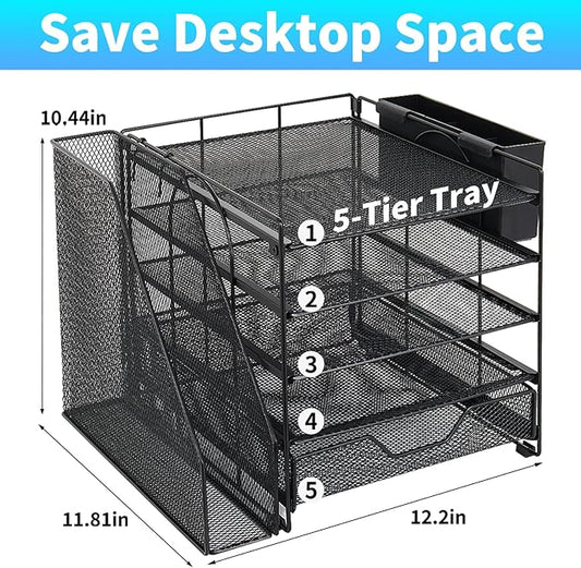 Gugsey Desk Organizer, 5-Tier Paper Letter Tray Organizer with File Holder, Drawer and Pen Holder, Desktop Organizer for Office Supplies, Black