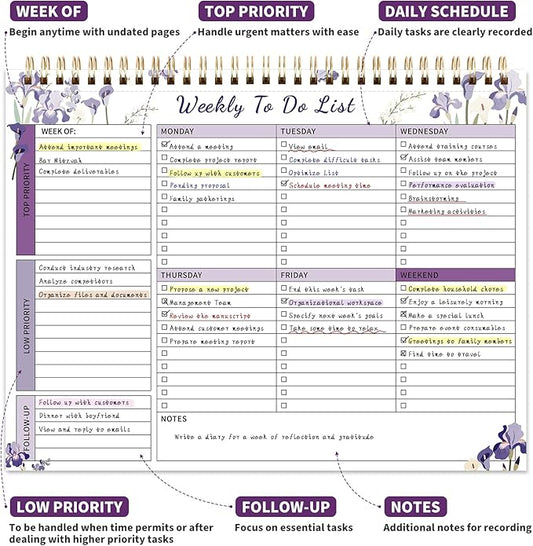 ALKALO 104 Pgs Weekly To Do List Notepad, 52 Duplex-Printed Undated Sheets 100 GSM(8.5"×11") Weekly Desk Planner For Work Home School Office Desk Accessories Supplies & Goal Setting Tasks - Purple Iris