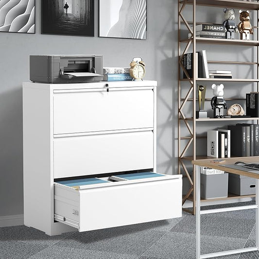 FLIXELIO File Cabinets 3 Drawer,Metal Office Storage Filing Cabinet with Lock,White Lateral Filing Cabinet for Home Office,Horizontal Locking File Cabinets for Legal/Letter/A4 Files,Assembly Require