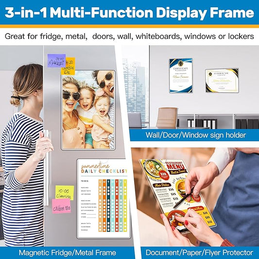 Magnetic Sign Holder 11 x 17 Adhesive Frame 5 Pack, Rigid Plastic Document Paper Holder with Magnet & Adhesive Strips, Wall Door Sign Holders Magnetic Frame for Office Home Store Restaurant