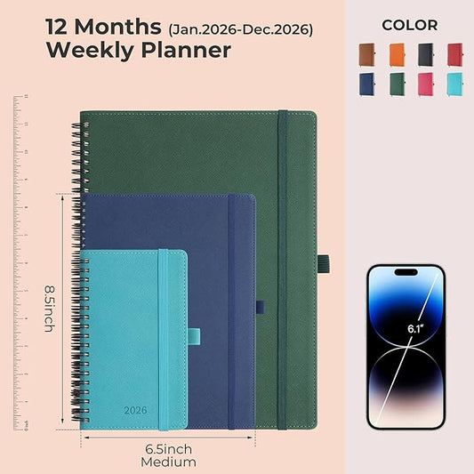 IN-LUXPRO Planner 2026 Daily Weekly and Monthly,8.5"x6.5",12 Months Spiral Bound Calendar Agenda with Self-adhesive Pen Holder,2026 Appointment Book with Vegan Leather Soft Cover,Blue