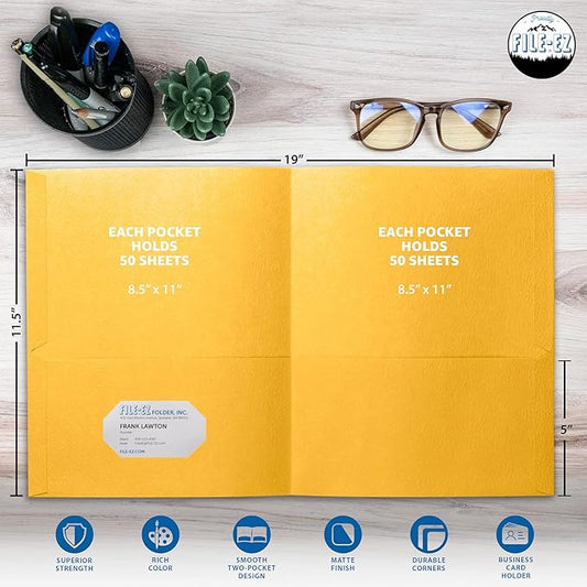 FILE-EZ Two-Pocket Folders, Yellow, 125-Pack, Textured Paper, Letter Size (EZ-32470)
