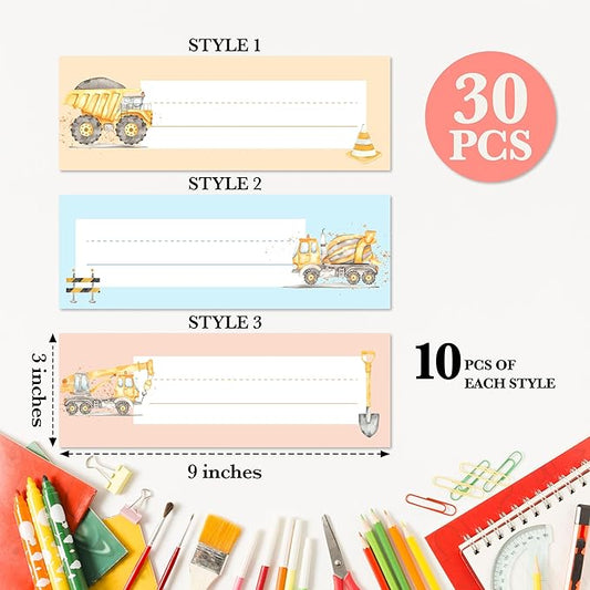 Name Tags for Desks, Construction Truck Theme Students Name Plates, Locker Name Labels for School, Back to School Classroom Decor, 30 Pack (05)
