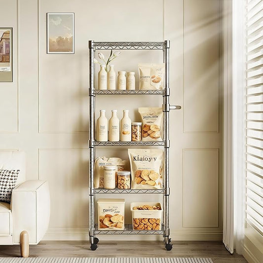 Metal Storage Shelves 5 Tier with Wheels, 1100 LBS Adjustable Wire Shelving Rack Shelves Units with Side Handle for Hanging, Rolling Shelf Organizer for Kitchen Garage, 11.8" W x 23.6" D x 61"H,Silver