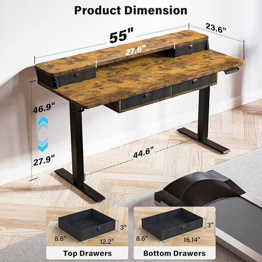 Kingant 55 x 24 Inch Electric Standing Desk with 4 Drawers, Height Adjustable Sit to Stand Computer Desk with Storage Shelf and C-Clamp Mount Compatibility for Home Office, Rustic Brown