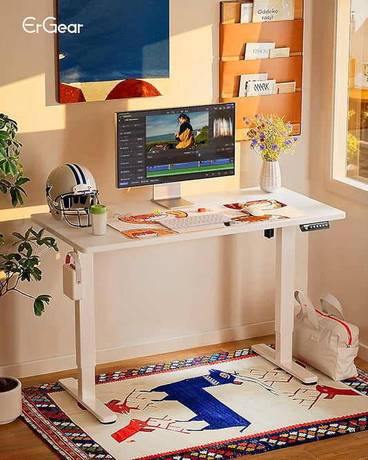 ErGear Height Adjustable Electric Standing Desk, 48 x 24 Inches Sit Stand up Desk, Memory Computer Home Office Desk with Two-Piece Desktop (White)