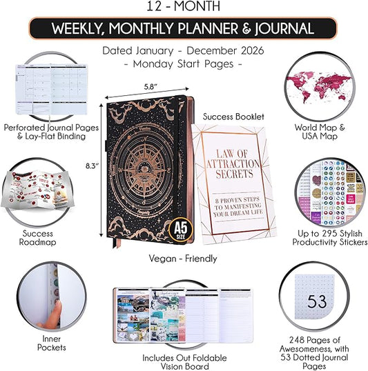 Law of Attraction Planner 2026 Deluxe with Productivity App | Weekly & Monthly Goal-Setting Planner, Life & Gratitude Journal | Include Foldable Vision Board, Gift Box & Stickers
