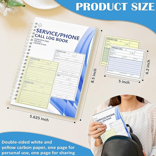 100 Sets Service Call Log Book 5 5/8 x 8 1/2" 2 Part Carbonless 2 Message Sets per Page Phone Call Log Book Phone Message Book Invoice Receipt Book for Repair Service (1)