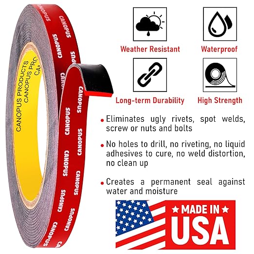 CANOPUS Double Sided Tape, 5952 Heavy Duty Mounting Tape, Strong Bond & Weatherproof Seal Strip for Automotive Mounting, Picture and Photo Frame, Poster, Craft, 0.50 in x 15 ft, Black, Made in USA
