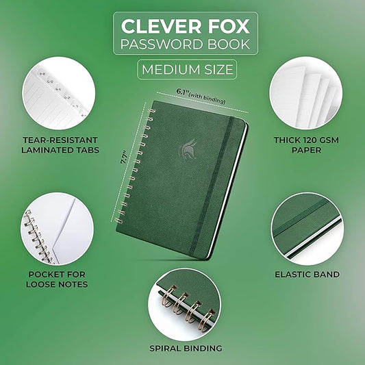 Clever Fox Password Book Spiral – Internet Address & Password Organizer with Laminated Alphabetical Tabs – Password Keeper Journal – Hardcover, Medium Size, 6.1x7.7” (Dark Green)