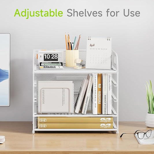 Cawukege 5 Tier Paper Organizer with Handle, Metal Mesh Desk Organizer File Folder Paper Letter Tray Desktop Document Sorter for Classroom, School, Office Accessories Organization and Storage - White