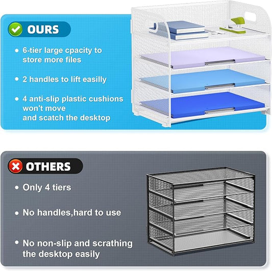 Marbrasse 4 Tier Paper Organizer Letter Tray, Mesh Desk File Organizer with Handle, Paper Sorter Organizer for Letter /A4 Office File Folder Holder(White, 12.6" x 9.1" x 10.7")