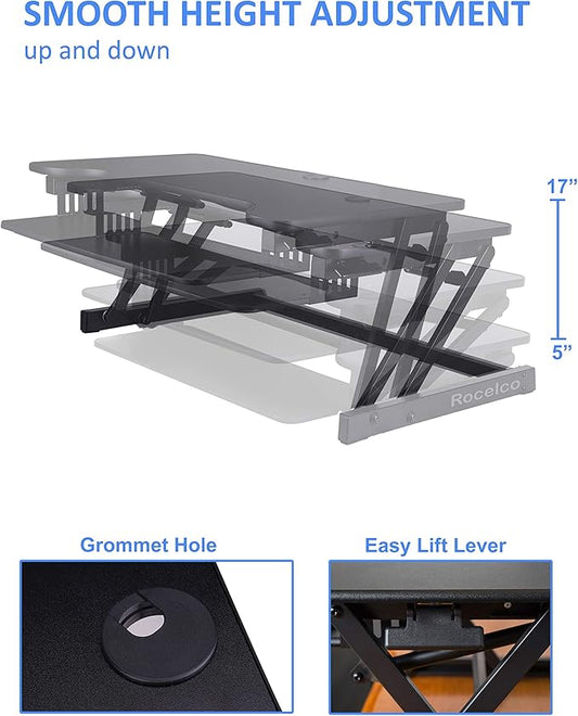 Rocelco 37.5" Deluxe Height Adjustable Standing Desk Converter with Dual Monitor Mount and Anti Fatigue Mat BUNDLE - Sit Stand Up Computer Workstation Riser - Keyboard Tray - Black (R DADRB-DM2-MAF)