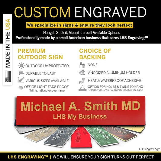 Personalized Name Plate with Choice of Mounting Holders for Walls, Doors, Cubicles, Hanging and More - Custom Red Plastic Gold Letters - USA Made 2x12 B17