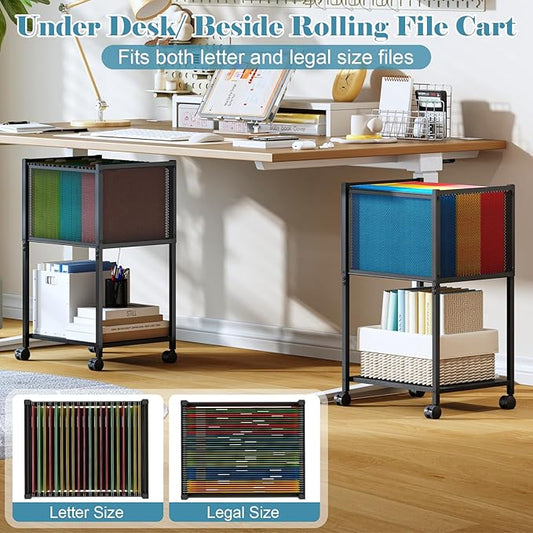 Sbanmao Letter/Legal Rolling File Cart, Narrow Mobile File Cabinet with Wheels Hanging Files, Metal Hanging File Folder Cart File Organizer Under Desk Storage for Home Office, Black